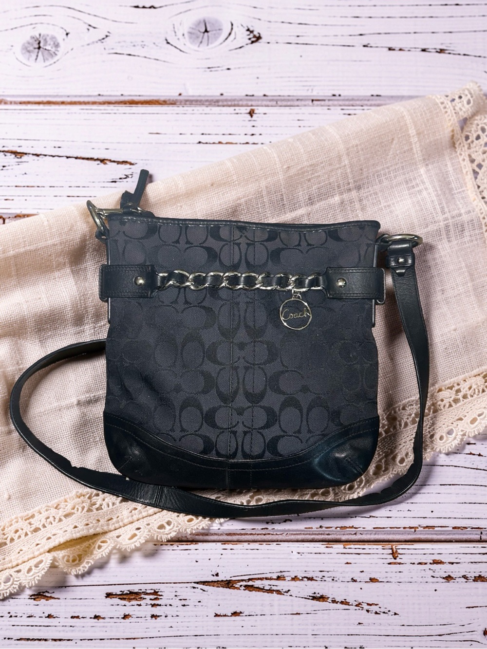 Coach Signature Jacquard Logo Black Canvas Chain Zipper Closure Crossbody Bag